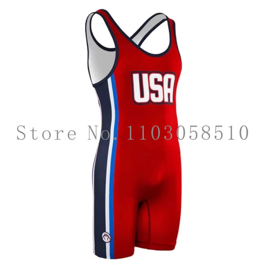Wrestling Singlets One Piece Bodysuit USA Men Breathable Sports Fitness Sleeveless Weightlifting Skinsuit Train Wrestling Gear
