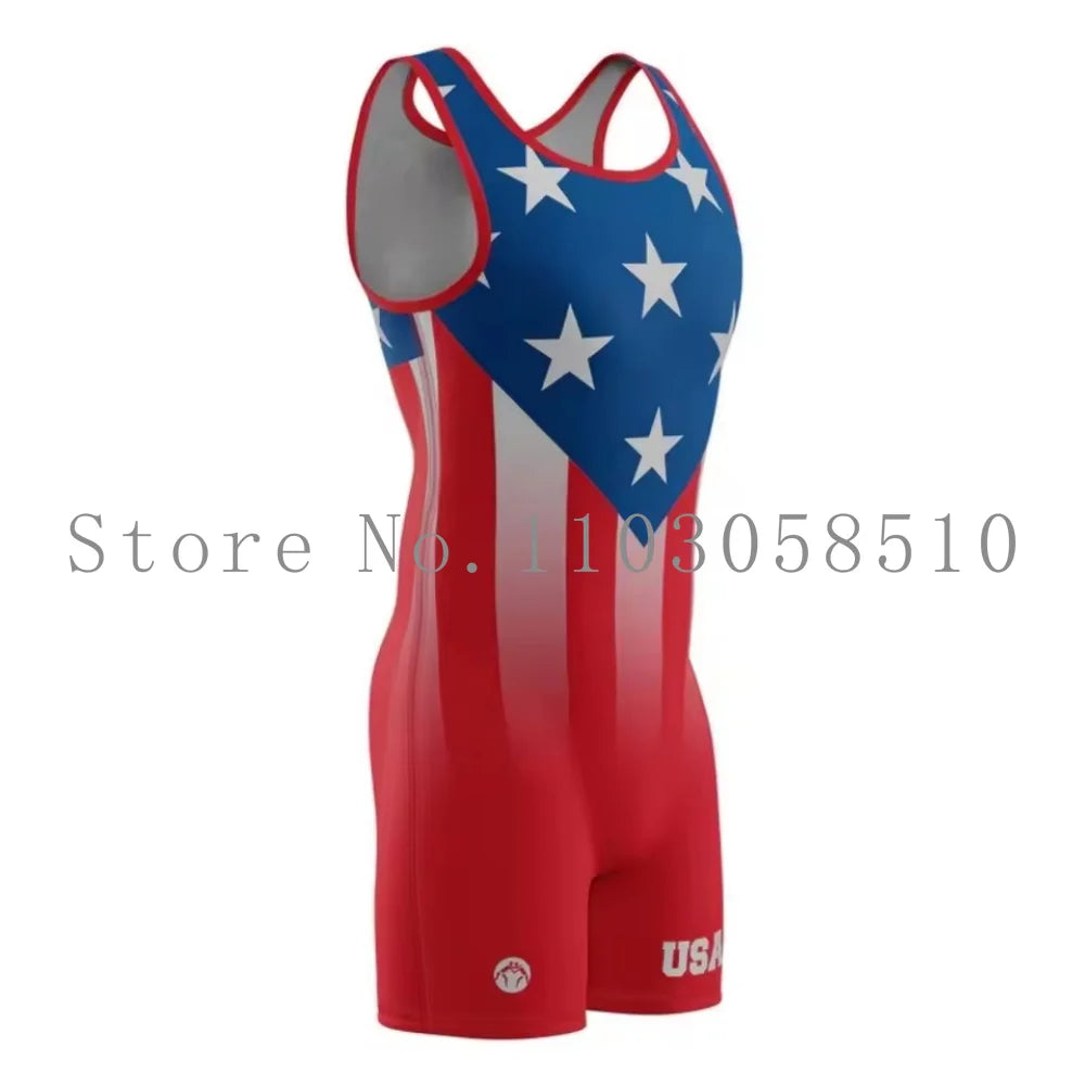Wrestling Singlets One Piece Bodysuit USA Men Breathable Sports Fitness Sleeveless Weightlifting Skinsuit Train Wrestling Gear