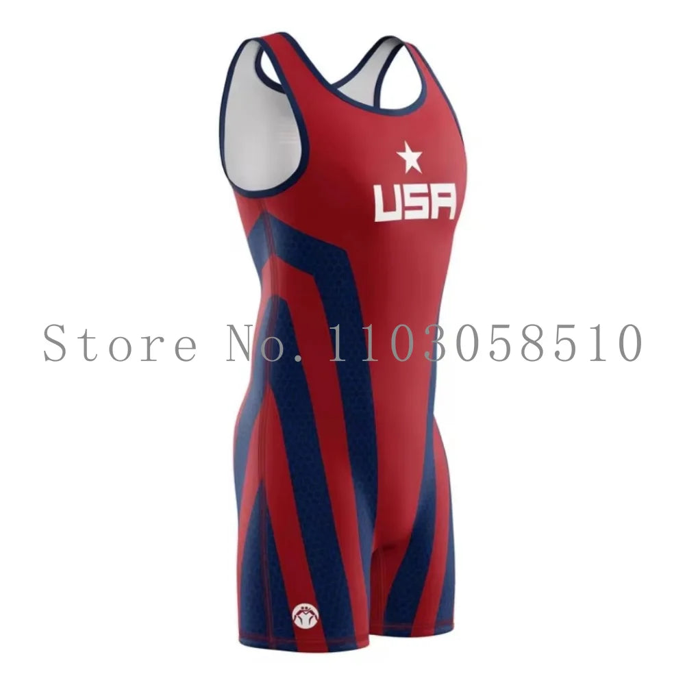 Wrestling Singlets One Piece Bodysuit USA Men Breathable Sports Fitness Sleeveless Weightlifting Skinsuit Train Wrestling Gear