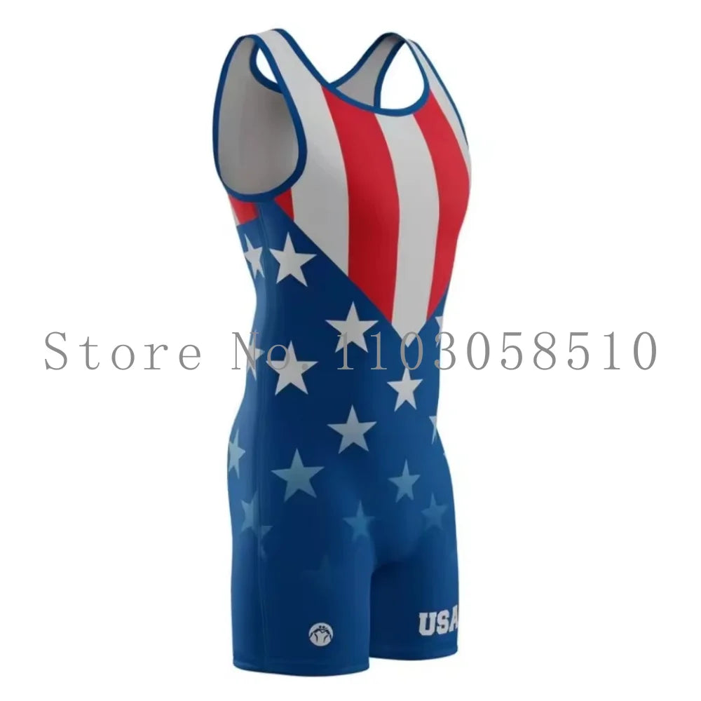 Wrestling Singlets One Piece Bodysuit USA Men Breathable Sports Fitness Sleeveless Weightlifting Skinsuit Train Wrestling Gear
