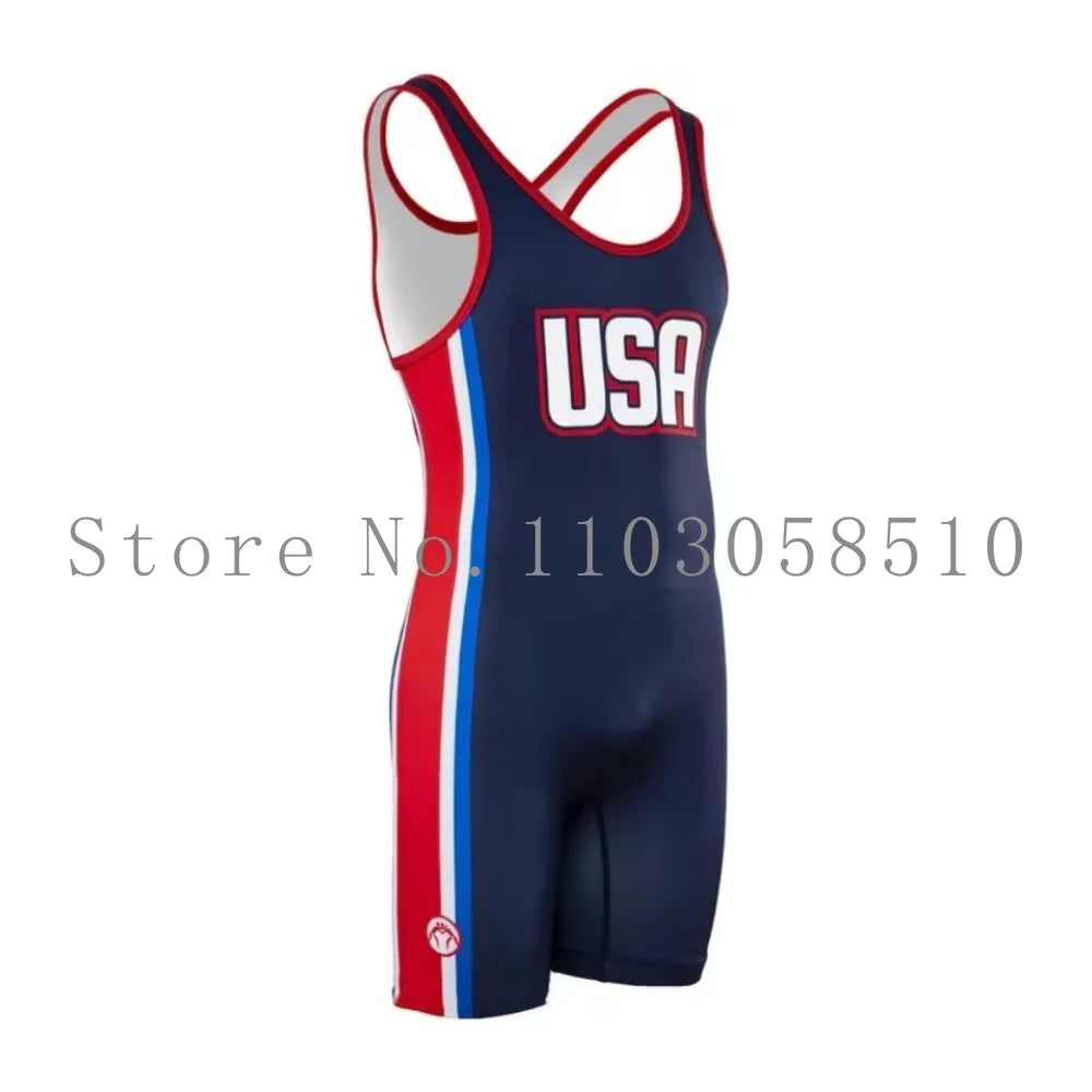 Wrestling Singlets One Piece Bodysuit USA Men Breathable Sports Fitness Sleeveless Weightlifting Skinsuit Train Wrestling Gear